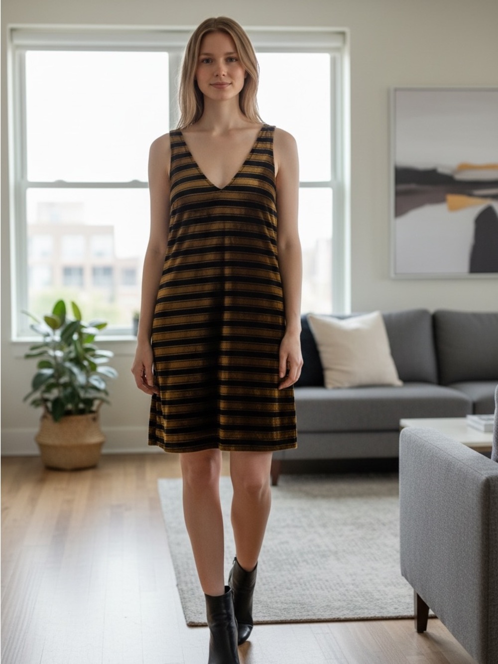 French Connection Striped V-Neck Mini Dress in Black and Gold